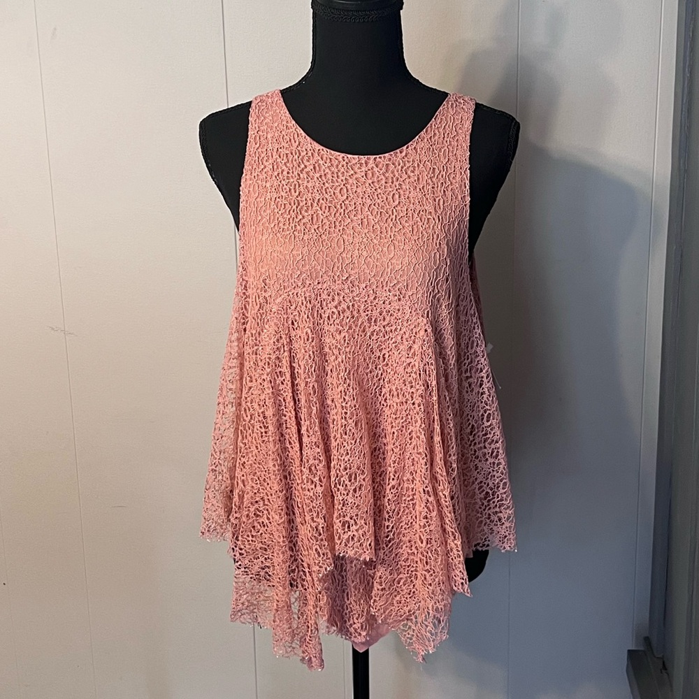 Free People Muted Pink Textured Fishnet Flowy Asymmetrical Tank Top